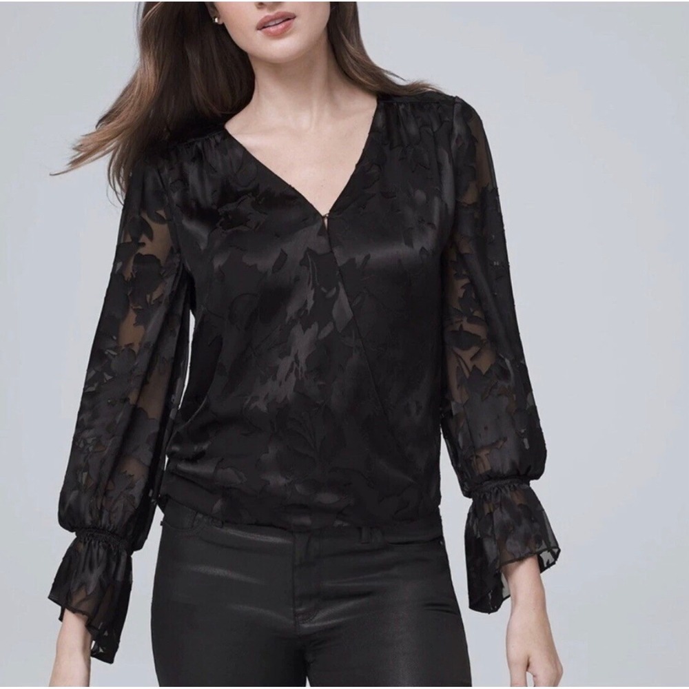 White House Black Market Silk Blend Floral Jacquard Burnout Wrap Top Ruffle 2